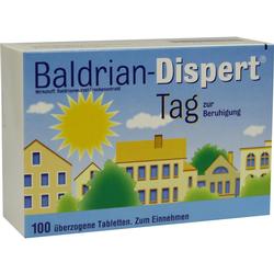 Schachtel mit Baldrian-Dispert-Tabletten zur Beruhigung, zeigt Häuser und die Sonne.