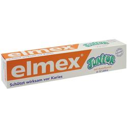 Eine Zahnpastatube für Kinder mit dem Namen "elmex Junior".