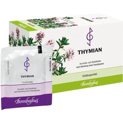 Teepackung mit Thymian-Arzneitee gegen Erkältungen, auf der Schachtel sind Thymianblüten.