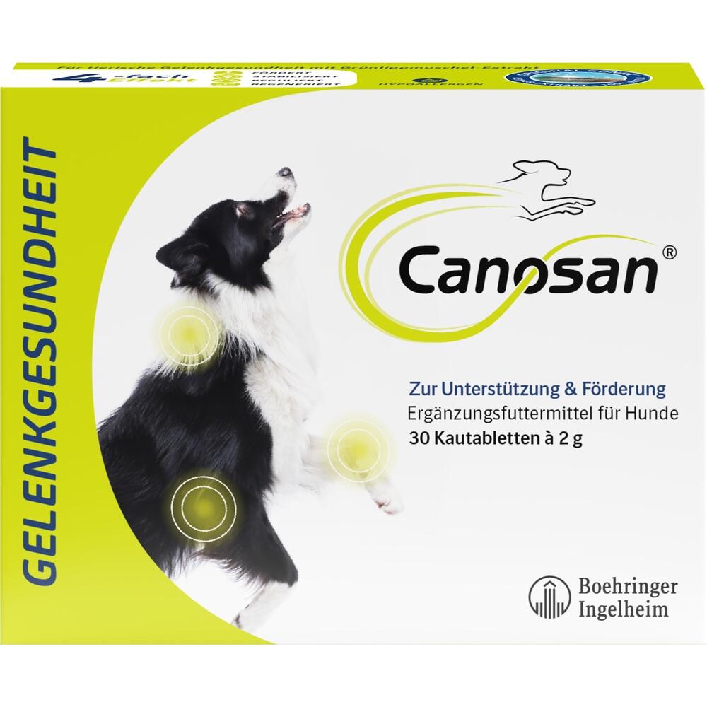 Ein Hund auf einer Verpackung für Gelenkgesundheits-Kautabletten.