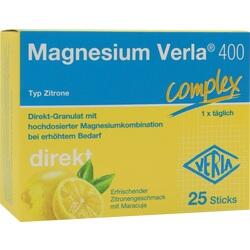 Verpackung von Magnesium Verla 400 mit Zitronenmotiv und 25 Sticks.
